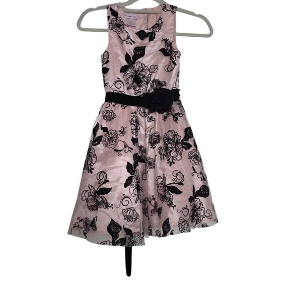 Younghearts Other - Younghearts Girls Size 7 Pink Black Tulle Velvet Floral Print Formal Dress